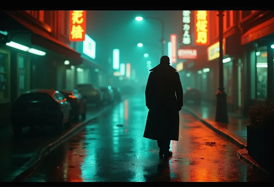 Cinematic movie still sample — neo-noir street