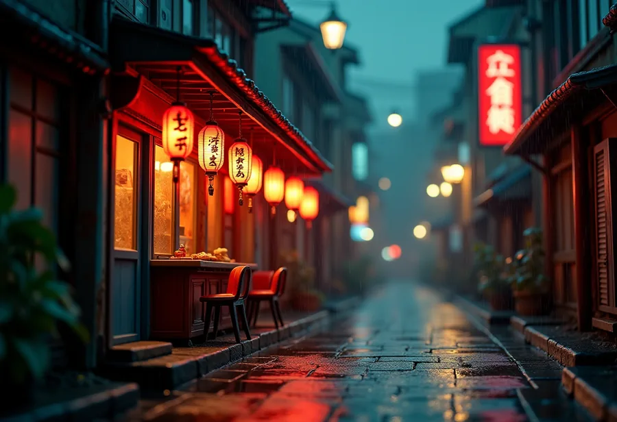 Miniature world sample — rainy ramen alley